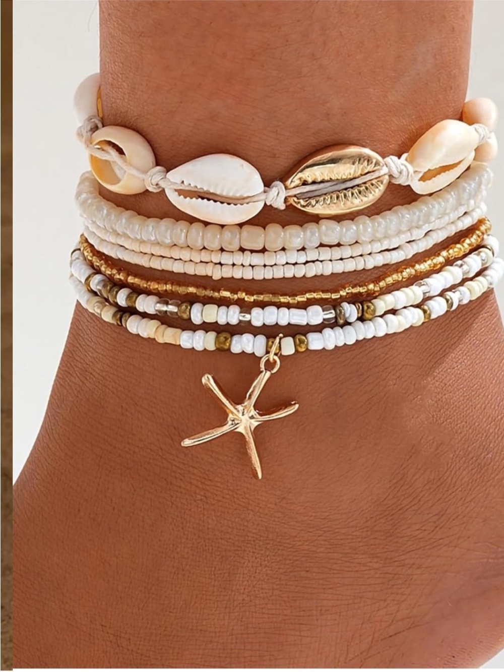 New White & Gold Shell Anklet Stack - Picture 5 of 7